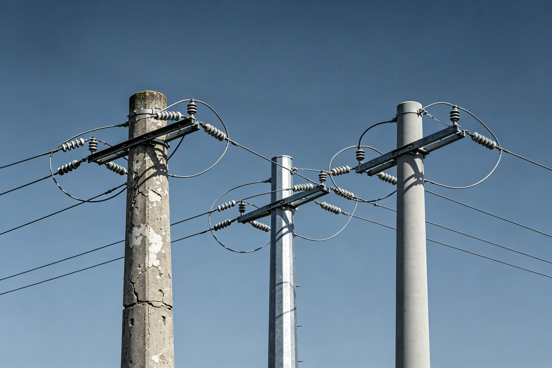 Old concrete vs new steel/composite utility poles for UK grid upgrade, overhead power lines replacement
