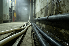 White THHN wire and black XHHW industrial cables in damp high-temperature factory cable tray