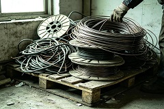 Scrap copper cables stacked on factory floor